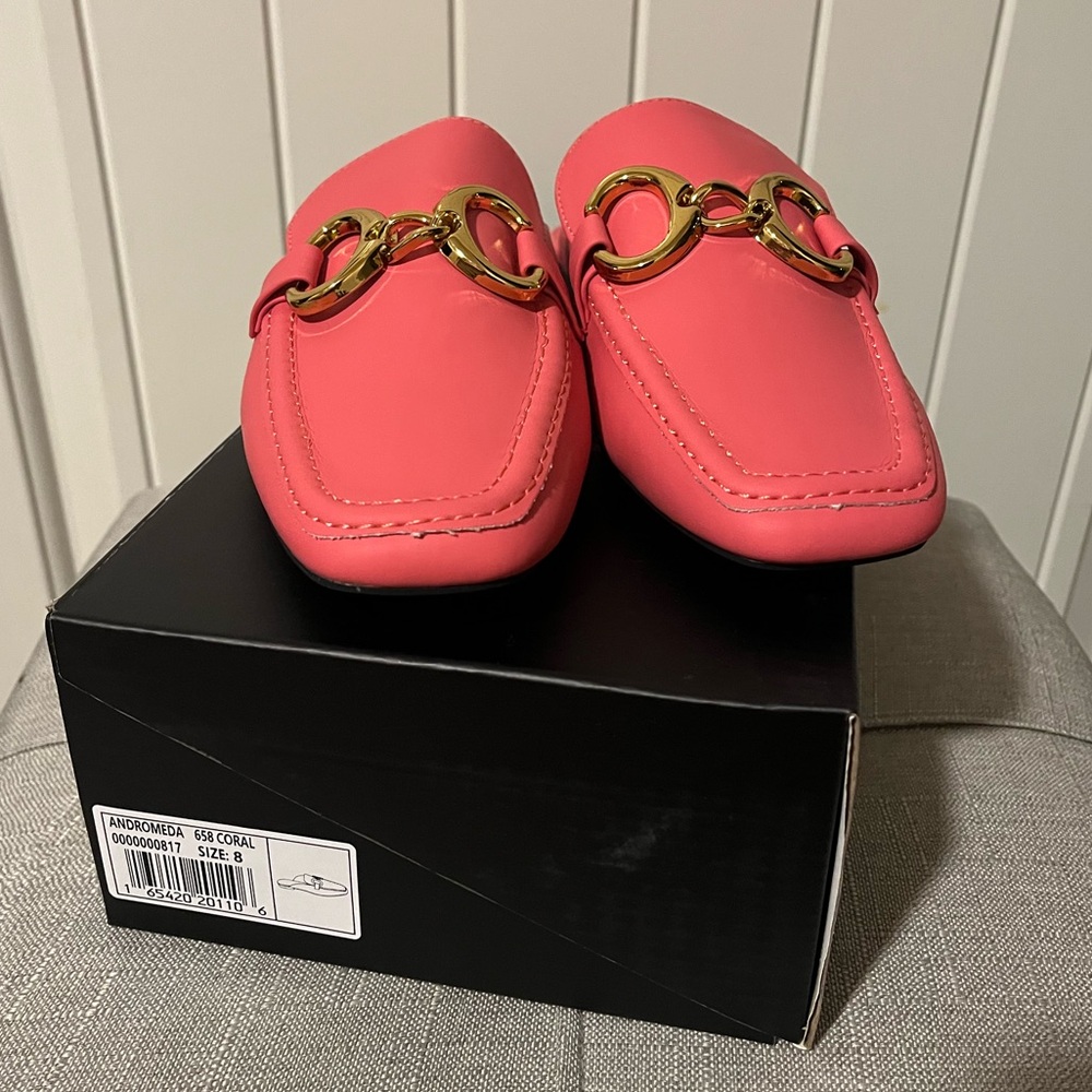 ShuShop Coral Leather Mule with Gold Chain Accent